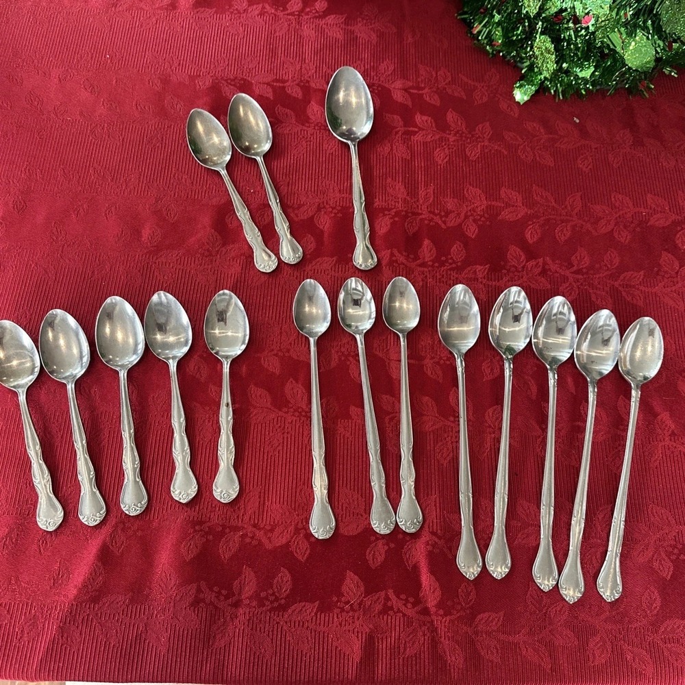 Vintage‎ Mixed Pattern Lot Of 17 Spoons Stainless Steel Flatware Japan/Korea